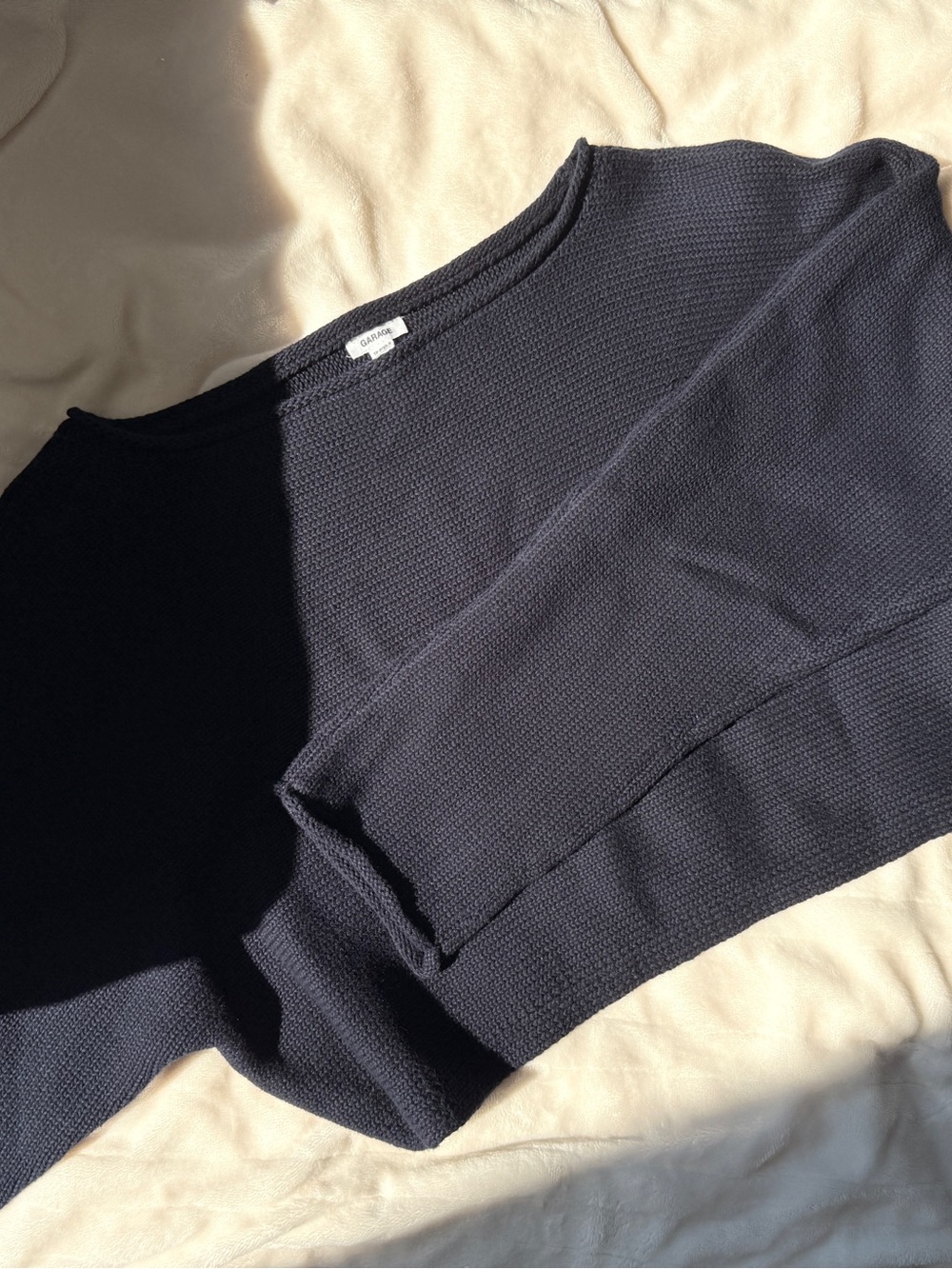 Garage Off-the-Shoulder Navy Waffle-Knit Sweater